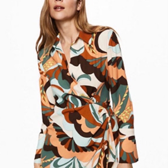 Dresses & Skirts - Mango Psychedelic Print Wrap Mini Shirt Dress Long Sleeve Retro Style Multi